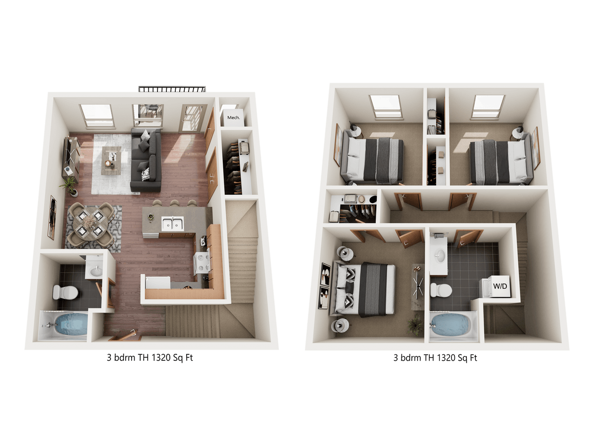 Floor plan for 3 beds, 2 baths, 1320 sqft